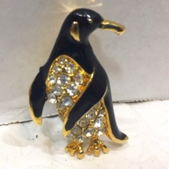 VTG Penguin Enamel Rhinestones Black & Gold Sparkly Brooch Pin 1.5" - Picture 2 of 8